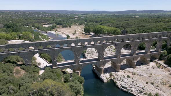 Aerial view of The Pont du Gard, an ancient Roman aqueduct bridge in France