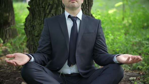Relaxed Unrecognizable Caucasian Man in Suit Sitting at Tree Trunk in Lotus Pose
