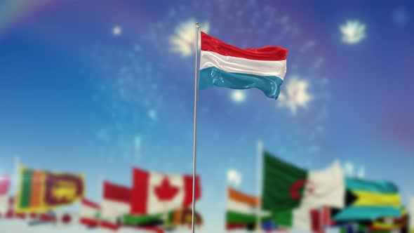 Luxembourg Flag With World Globe Flags And Fireworks alt