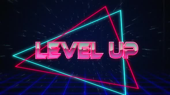 Retro Level Up text glitching over blue and red triangles on white hyperspace effect