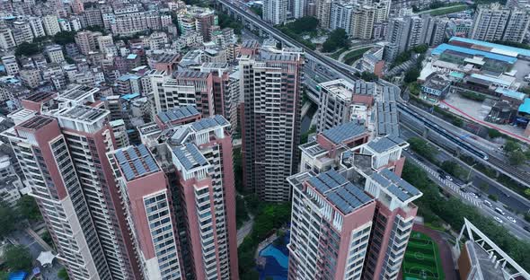 Aerial footage of modern apartment buildings in shenzhen, China