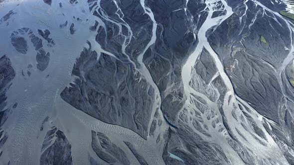 Flying Over a Large Icelandic Glacial River System, Delta in Vatnajokull National Park, Iceland