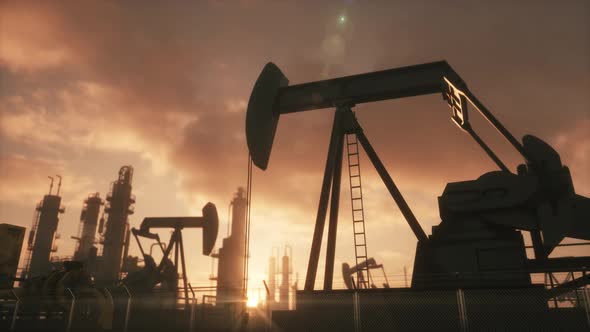 Silhouette of Working Oil Pump Jack at Sunset