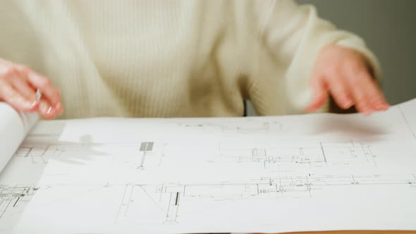 Architect Designer Drawing Plan Blueprint Closeup