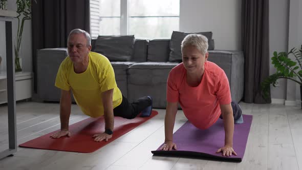 Eldery Couple Practicing Yoga on the Living Room of Their Comfortable Modern Apartment