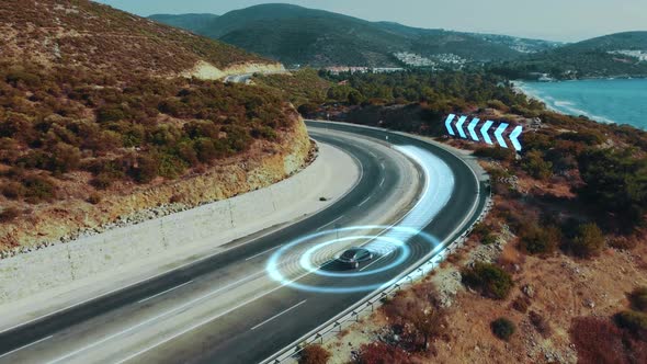 Self-driving autonomous vehicle direction change warning system. Sensors monitoring of the road.