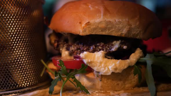 Close-up shot of a burger