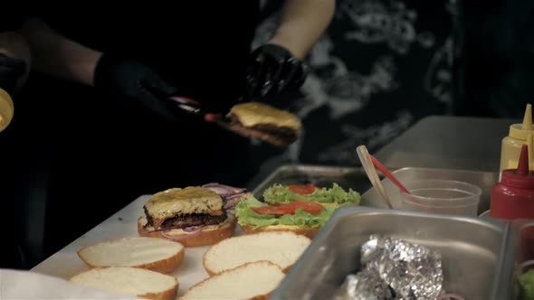 Freshly Flame Grilled Burger Sandwiches and French Fries at Food Market