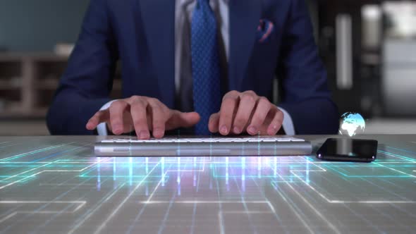 Businessman Writing On Hologram Desk Tech Word  Sales