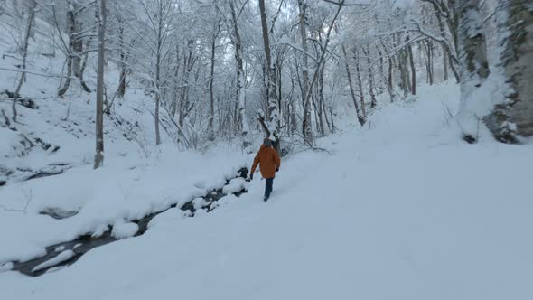 Aerial Fpv Drone View Flight Near Narrow Mountain Creek Fast Stream Movement at Snow Forest Tree