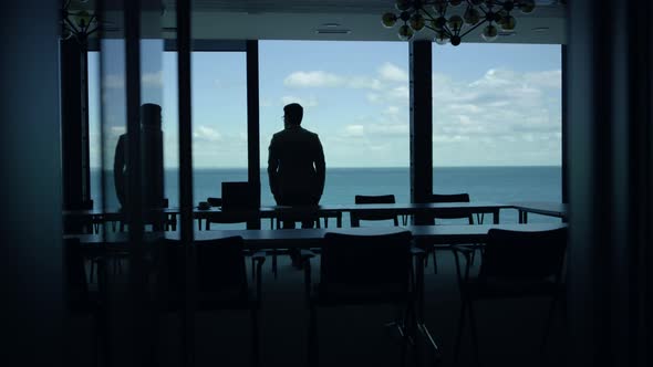 Ceo Man Silhouette Thinking Sea Panorama Window