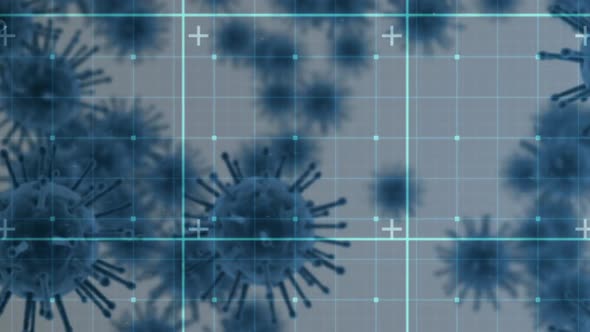 Animation of macro coronavirus Covid-19 cells spreading with green grid moving on grey background
