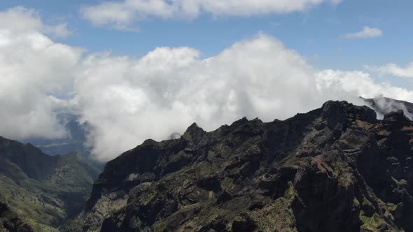 Drone hyperlapse showing fast moving clouds at Pico do Arieiro, Madeira