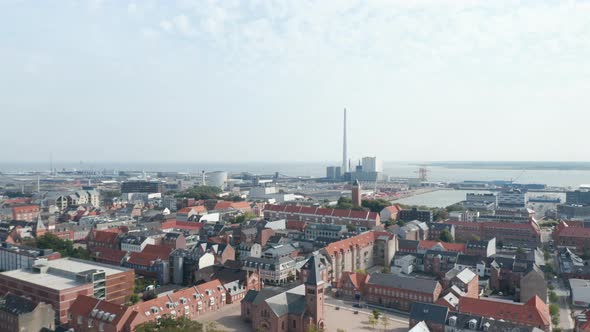 Forward Slow Flight Over the City of Esbjerg with the Church of Our Saviour