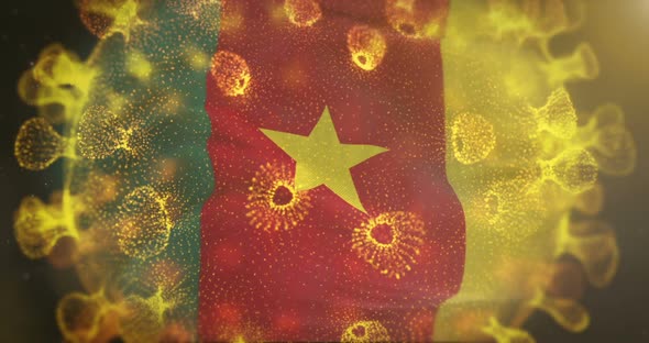Cameroon Flag With Coronavirus Microbe Centered