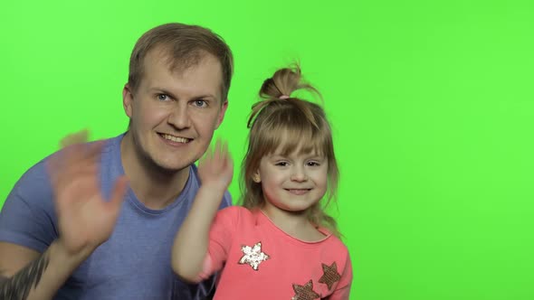 Father and Little Daughter Bloggers Talking To Camera. Chroma Key. Fathers Day