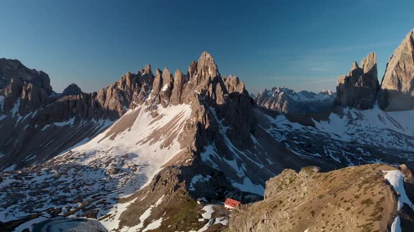 Aerial panoramic Shot of Tre Cime di Lavaredo Mountain in Dolomites Alps Italy