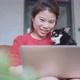 asian female working hand typing laptop with black chihuahua dog on sofa together - VideoHive Item for Sale