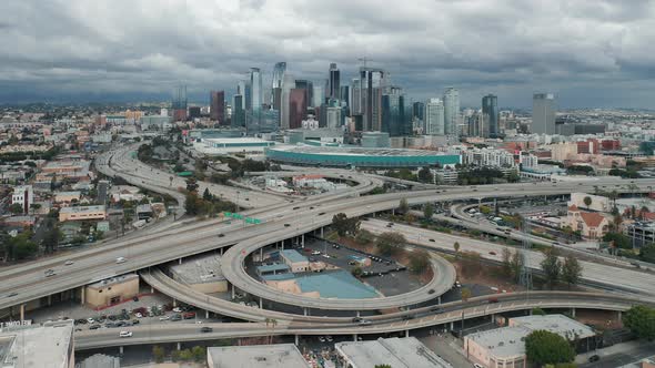 Aerial Drone Shot Flying at Downtown Los Angeles on a Sunny Summer Day, 