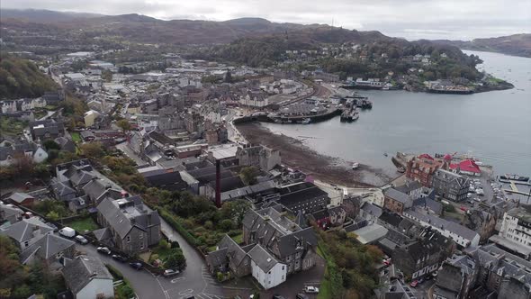 Aerial of Oban Town and Bay in Scotland