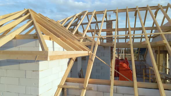 Aerial View of Unfinished Frame of Private House with Aerated Lightweight Concrete Walls and Wooden