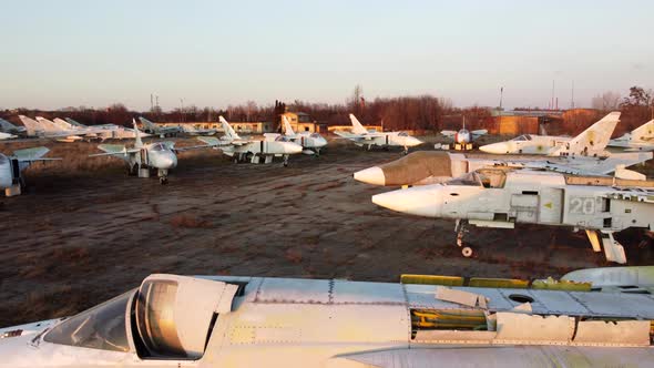 Aerial Drone View Flight Over Parking Lot of Old Dismantled Aircraft