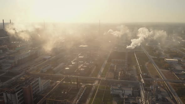 Aerial View. In the Frame Is a Chemical Industrial Complex. Many Factory Chimneys Spew Smoke