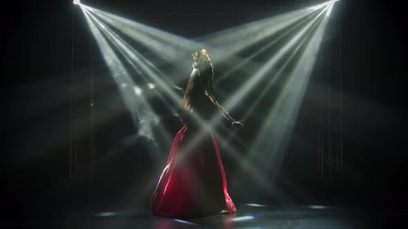 The Attractive Actress Performs Flowing Hand Movements and Dances. A Bright Brunette in a Red Silk