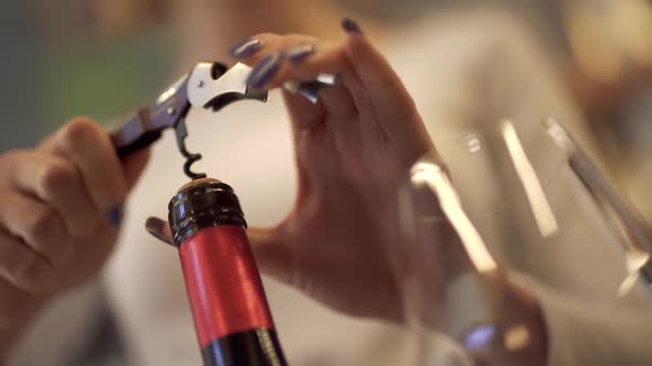 Close-up of Female Hands Uncorking a Bottle of Wine. Girl Uncorking the Wine with a Corkscrew