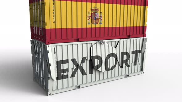 Container with EXPORT Text Being Crashed with Container with Flag of Spain alt