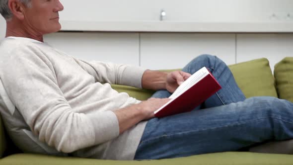Man sitting on sofa reading book