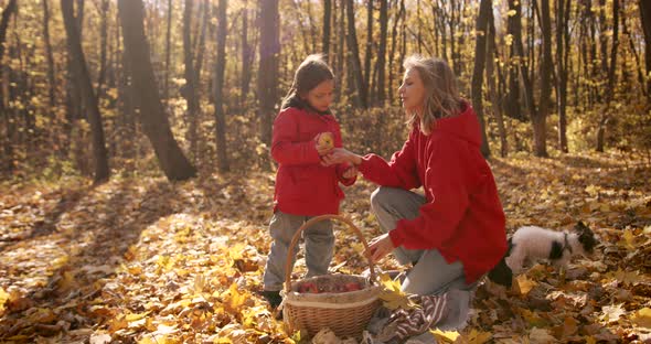 Mother with Daughter Holding a Basket of Apples in Autumn