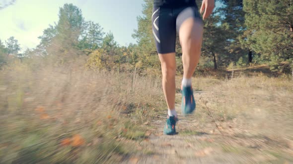 Marathon Runner Jog On Trail. Running Man In Forest At Sunset. Runner Man Fit Athlete Legs Jogging.
