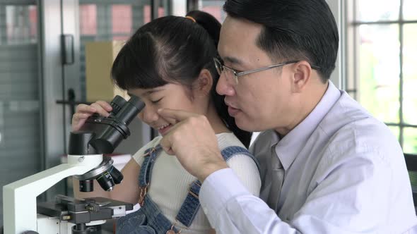 Girl looking microscope
