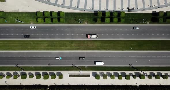 Top Down Aerial City View of Freeway Busy City Road Traffic Jam Highway.