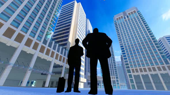 Silhouette Of Successful Business People Negotiating And Communicating Under The Office Building