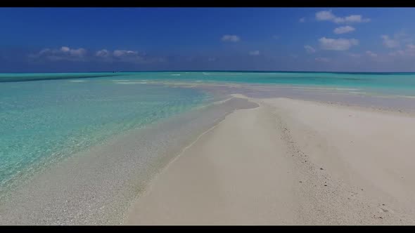 Aerial travel of paradise resort beach adventure by transparent sea with bright sand background of a