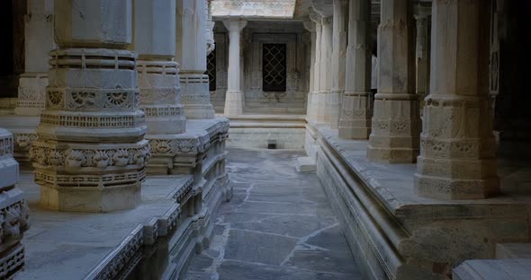 Interior of Beautiful Ranakpur Jain Temple or Chaturmukha Dharana Vihara Mandir in Ranakpur