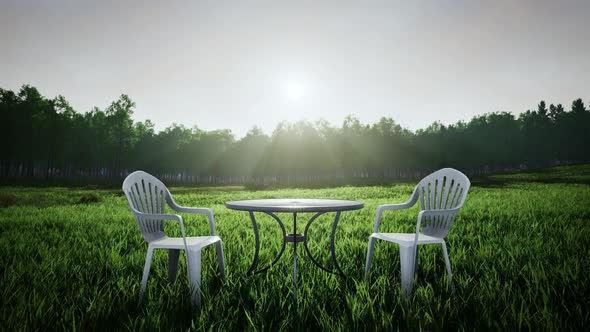 Round Table And Chairs On The Grass Field Garden Timelapse Scene 4K 01