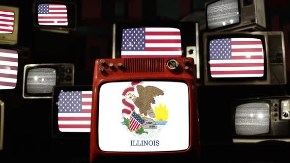 Flag of Illinois and US Flags on Retro TVs.