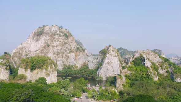 Aerial view of Khao Ngu Stone. National park with river lake, mountain valley hills