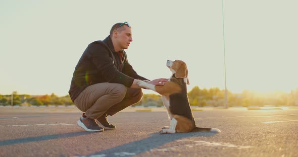 Young Man is Having Fun with His Pet on the Street