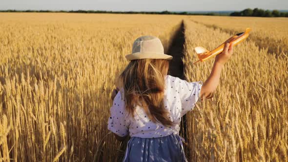 Happy Girl Child Run on Wheat Field with an Airplane