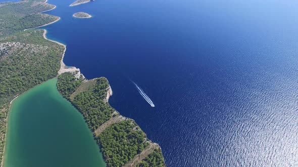 Aerial view of a turquoise salty lake in Croatia