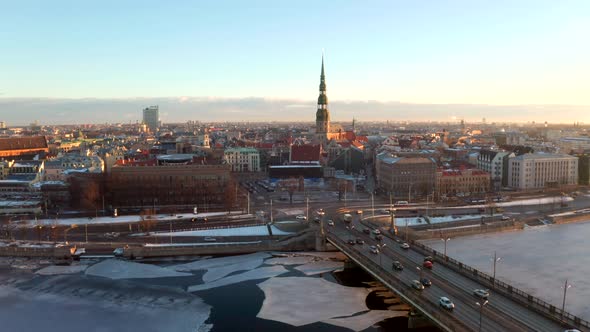 aerial view of the Riga old town during sunset