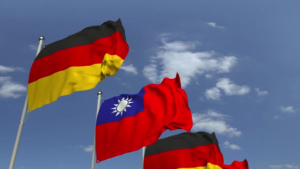 Row of Waving Flags of Taiwan and Germany