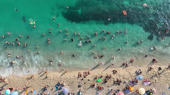 People swim in the azure sea aerial view 4 K Turkey Alanya