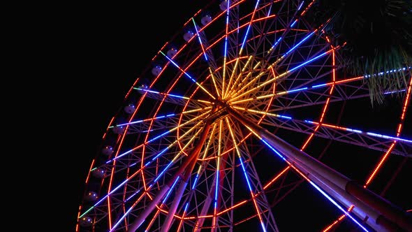 Ferris Wheel with Lights Rotates at Night