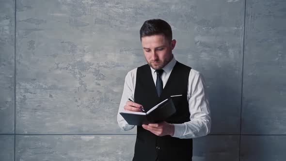 Young Business Man Caucasian Nationality with Beard Middle Aged Classic Clothes White Shirt Black