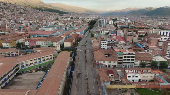 4k daytime aerial drone footage over Avenida de la Cultura boulevard in Cusco, Peru during Coronavir